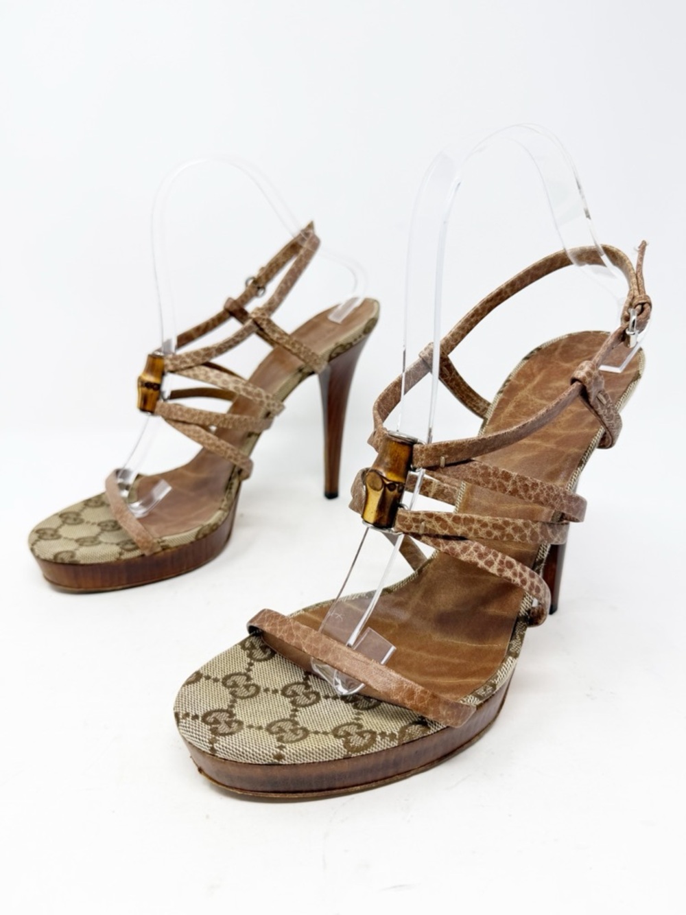 Gucci Bamboo GG Canvas Platform Sandals Heels Womens Size EU 38.5